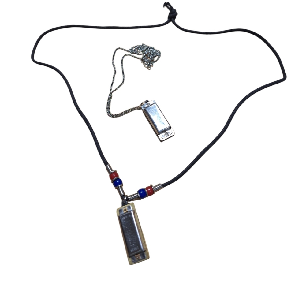 2  vintage Unique Harmonica Necklaces one HOHNER Whimsical Fun Teacher Hippie